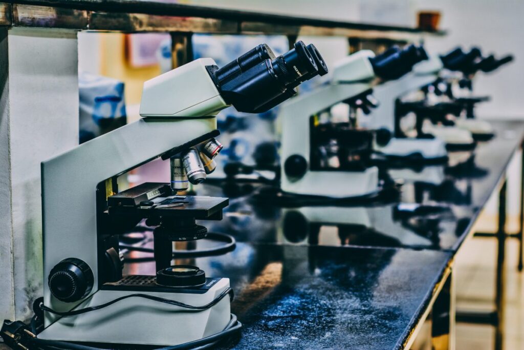 A row of microscopes lined up on tables.