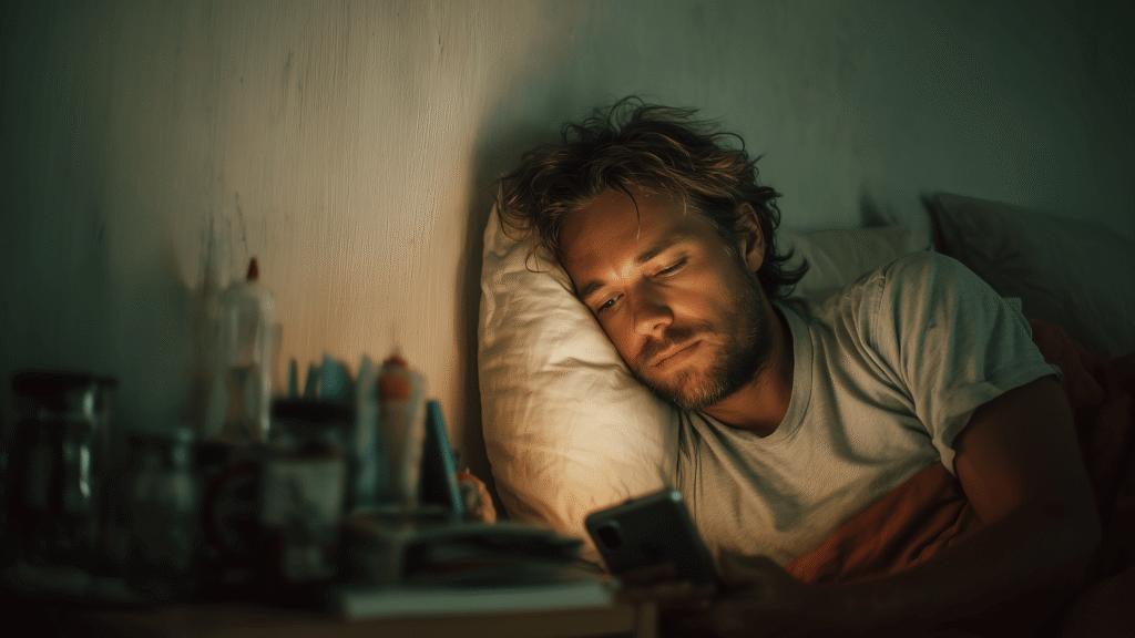 Man lying on bed in dark room, holding phone close, screen glow highlighting his face