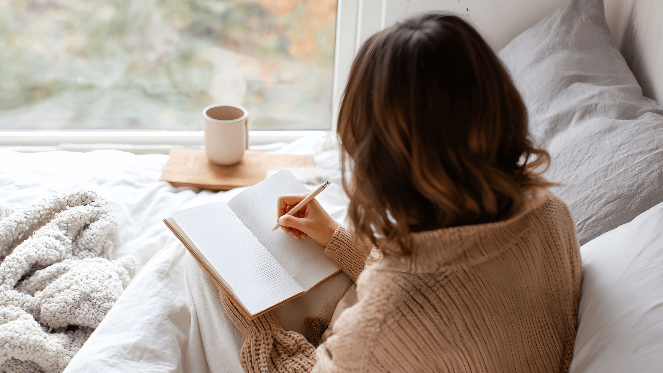 Woman wearing a sweater, writing in her diary on the bed, a mug resting near the window