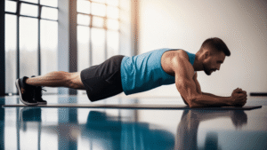 Man holding plank pose alone indoors, appearing fit and serious on yoga mat
